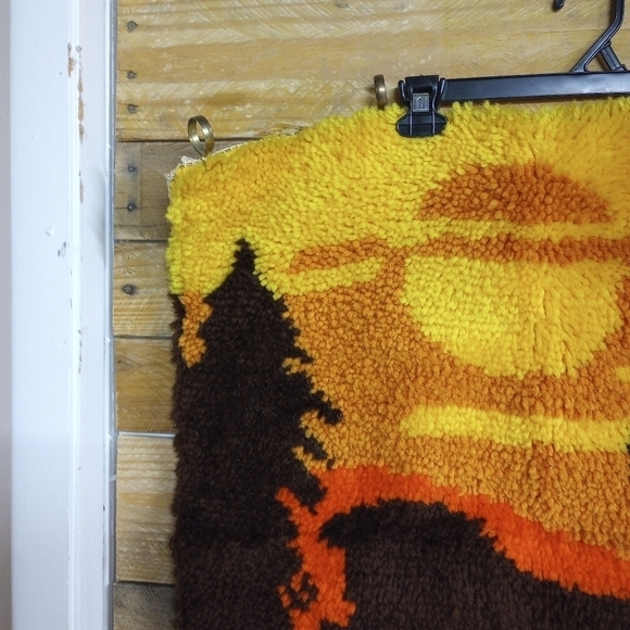 Vintage Shag Hook Latch Rug Deer Forest Sunset Retro 24x27. Cabin Rustic Decor - Picture 5 of 8